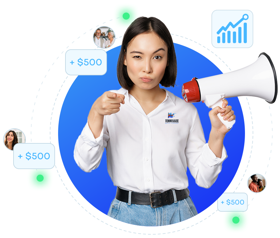 Smiling woman with a megaphone promoting Tennessee Water Company’s $500 referral rewards, with icons of money, happy clients, and business growth.